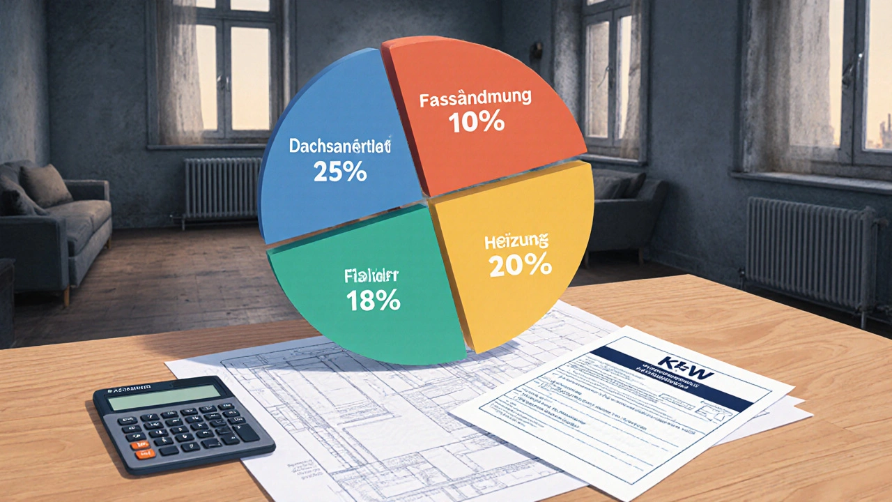 3D-Kostenpyramide für Hausrenovierung mit Aufschlüsselung von Dach, Fassade, Fenstern und Heizung.