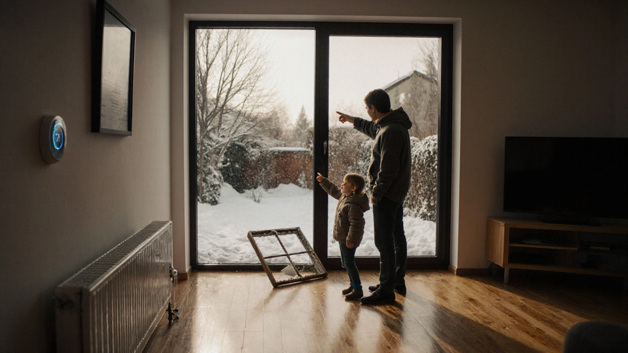 Familie in einem modernisierten Wohnzimmer mit neuen Fenstern und Fußbodenheizung, Blick auf verschneiten Garten.