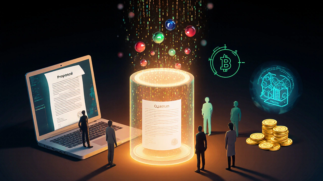 Illustration einer DAO‑Abstimmung: Proposal, Smart‑Contract, Stimmen als farbige Kugeln, Ergebnis‑Umsetzung.