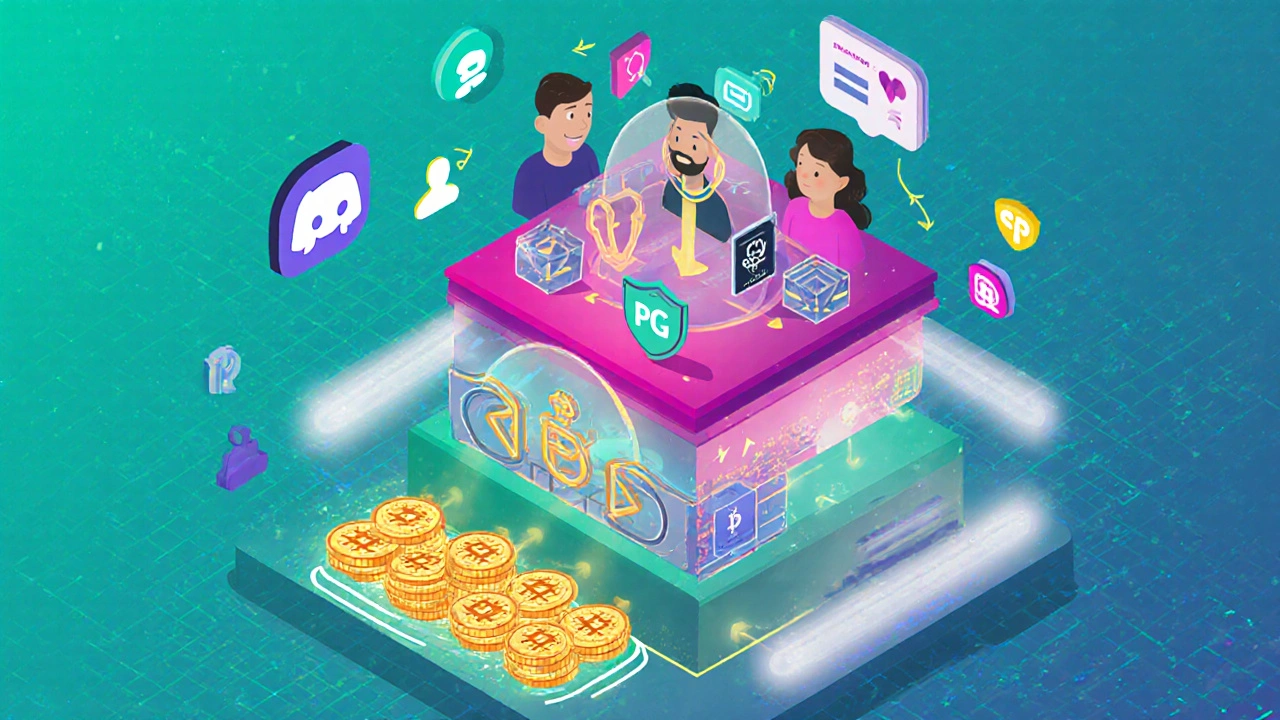 Isometrische Szene von Layer‑2‑Kette, Interchain‑Brücken und Avataren mit dezentralen IDs.