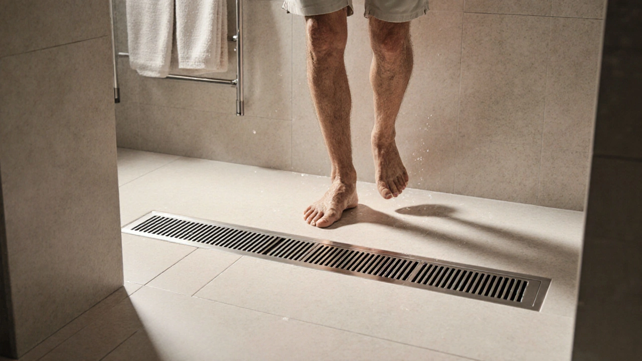 Ältere Person betritt stufenlos eine Dusche mit eingelassener Rinne – barrierefrei und sicher.