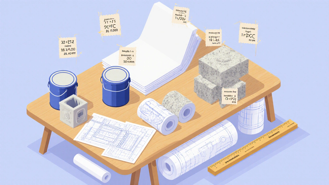 Arbeitsplatz mit Deckenrenovierungsmaterialien und Preisetiketten für verschiedene Methoden.