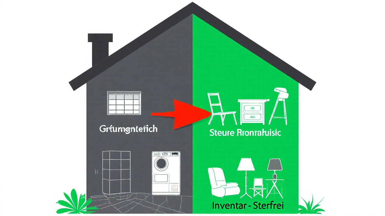 Aufteilung einer Immobilie in steuerpflichtige Bestandteile (links) und steuerfreies Inventar (rechts) als visuelle Darstellung.