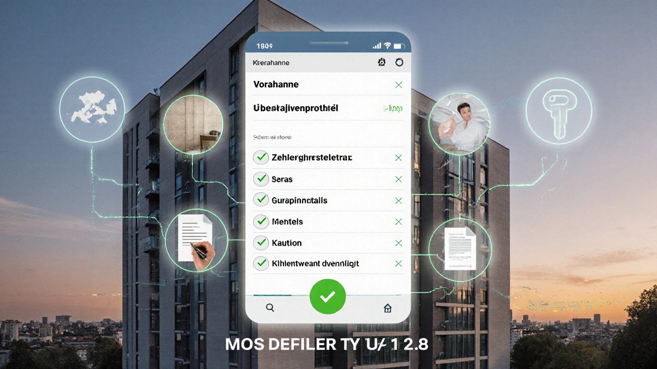 Digitale Checkliste-App mit Icons für Mieterwechsel-Schritte, überlagert auf einer Wohnungsansicht mit Fotos und Schlüsseln.