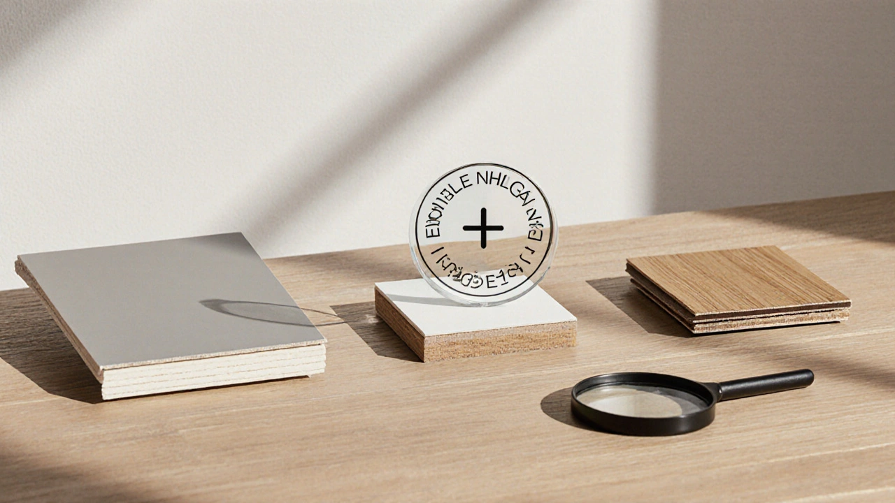 Drei Bodenbeläge mit den jeweils empfohlenen zertifizierten Klebern auf einem Holztisch, ein Lupenglas über dem EMICODE-Siegel.