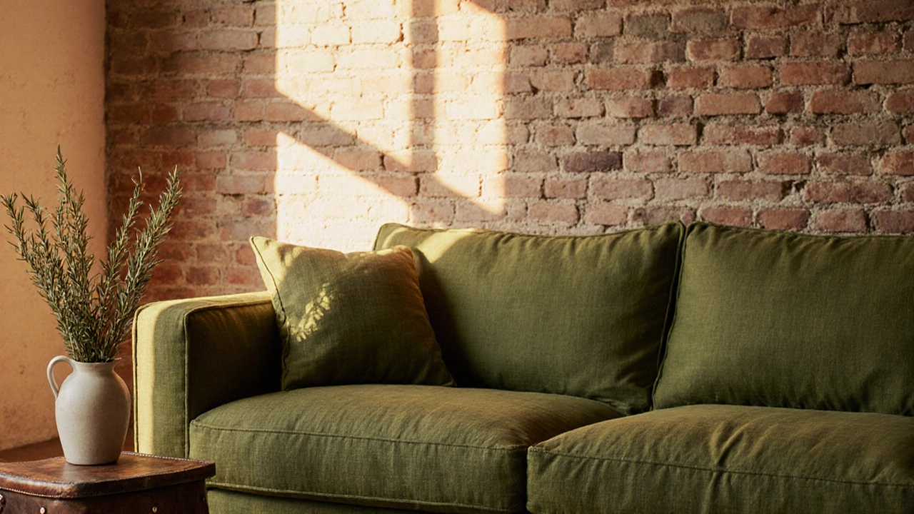 Ein olivgrünes Ecksofa aus Leinenmix mit Kupferakzenten und getrocknetem Rosmarin in einem sonnigen Wohnraum.