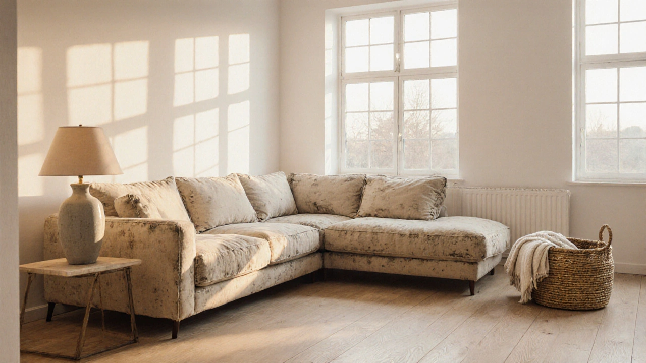 Ein sandfarbenes Ecksofa mit natürlicher Patina in einem minimalistischen Raum bei Abendlicht.