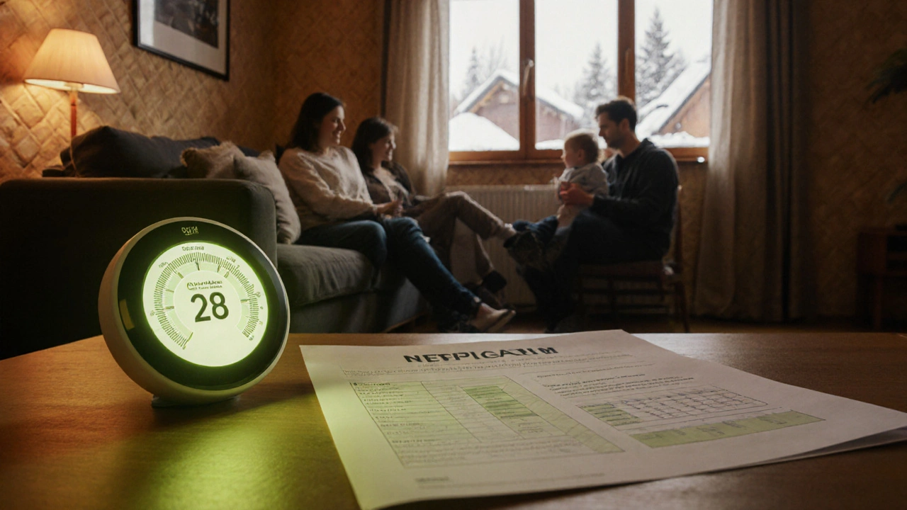 Familie entspannt im warmen Wohnzimmer nach Wärmepumpen‑Umrüstung, Dokumente für Förderung liegen.