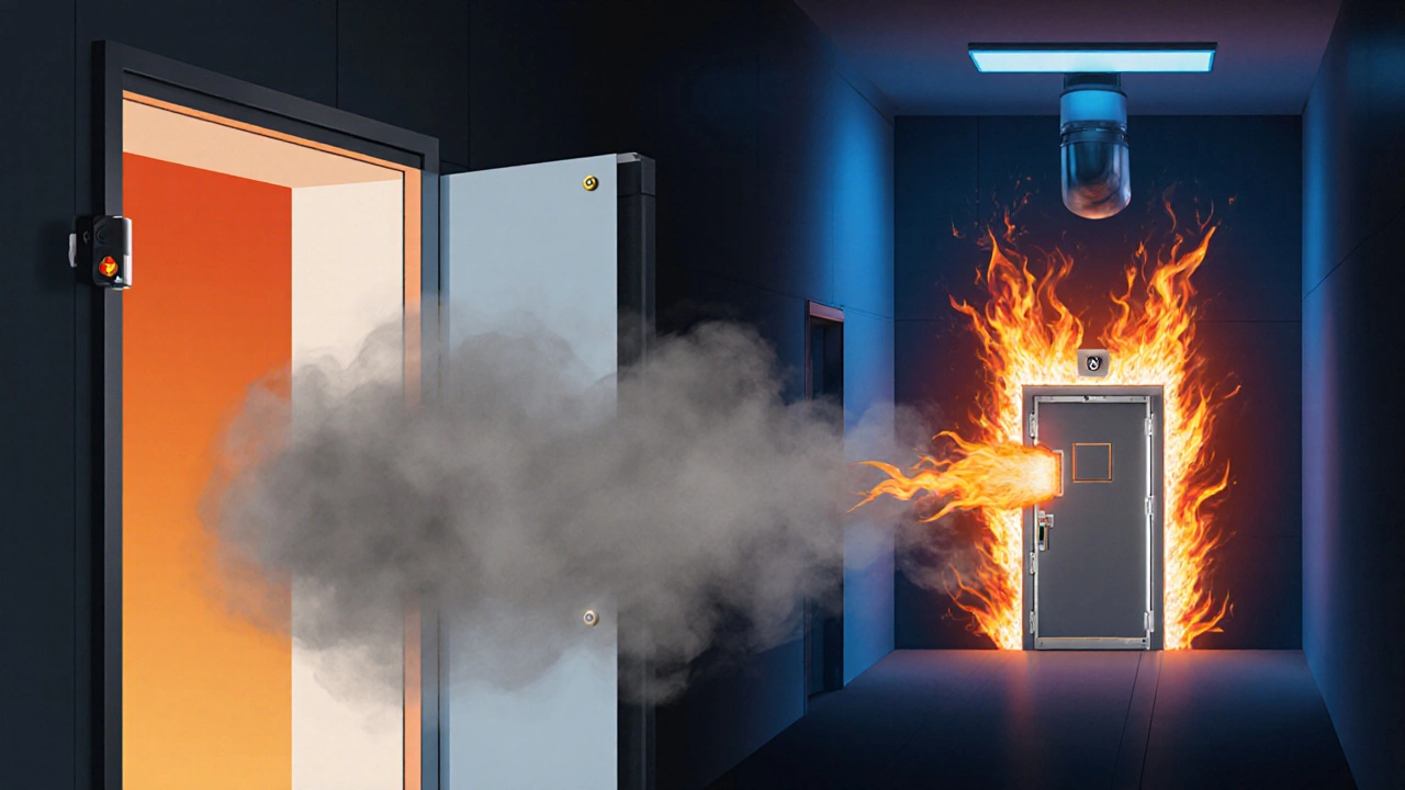 Fluchtweg mit automatisch schließender Rauchschutztür und daneben ein Technikraum mit Brandschutztür im Einsatz.