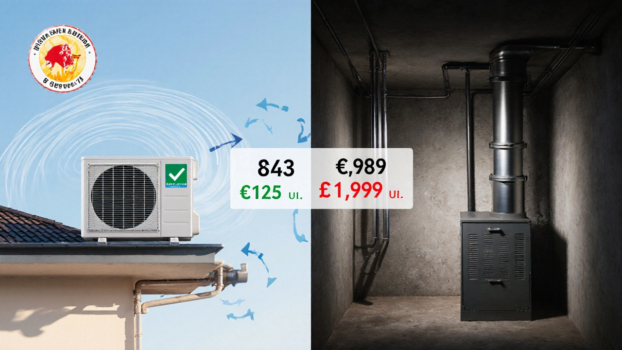 Geteiltes Bild zeigt Wärmepumpe mit niedrigen Betriebskosten neben Gasheizung mit höheren Kosten.