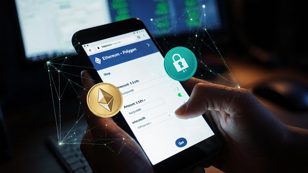Hand hält Smartphone mit Token‑Bridge‑UI, Token fließen von ETH zu wETH.