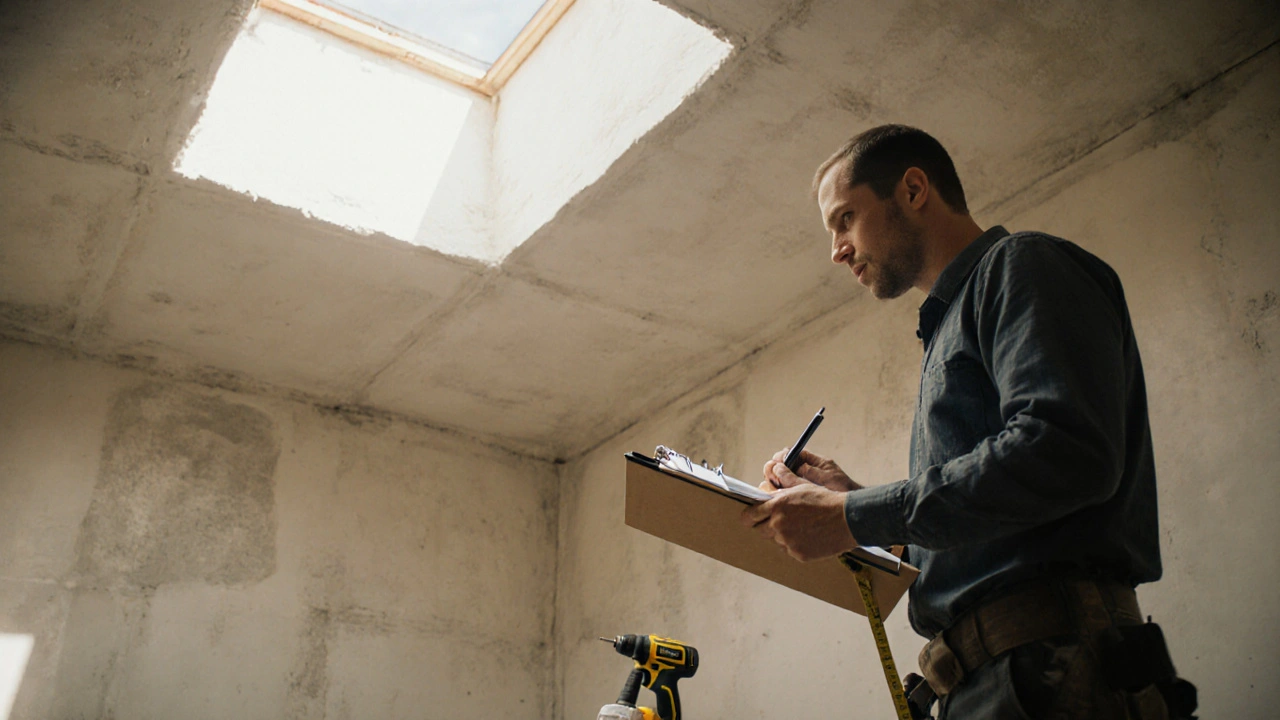 Handwerker prüft erneuerte Decke, hält Checkliste und Maßband, warmes Licht fällt.
