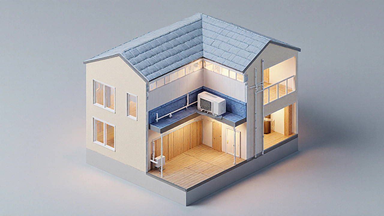 Isometrische Querschnittszeichnung einer 100 m²‑Sanierung mit Dämmung, Fenstern und Heizung.