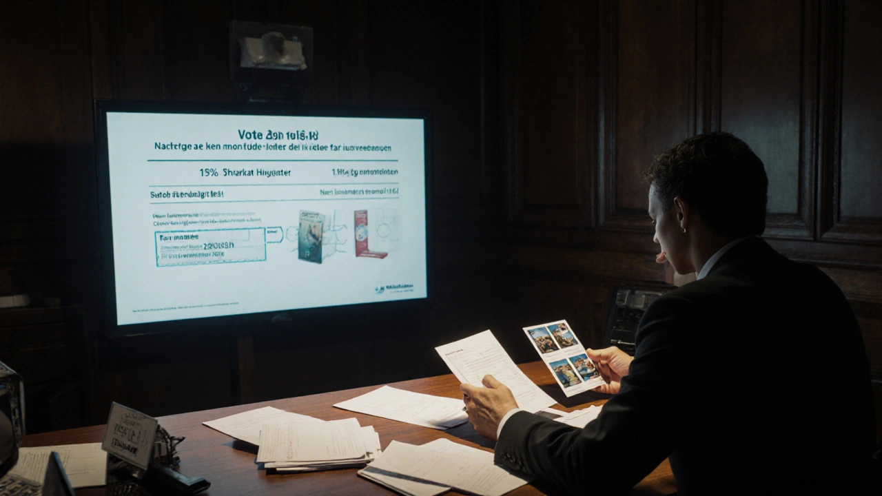 Käufer präsentiert Belege für Inventar vor einem Finanzbeamten, Warnhinweis zu 15 %-Grenze im Hintergrund.