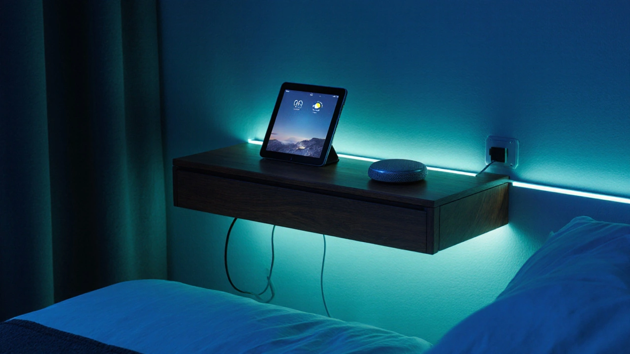 Kompaktes Schlafzimmer in München mit wandmontiertem Nachttisch, Ladestation und Smart‑Licht.