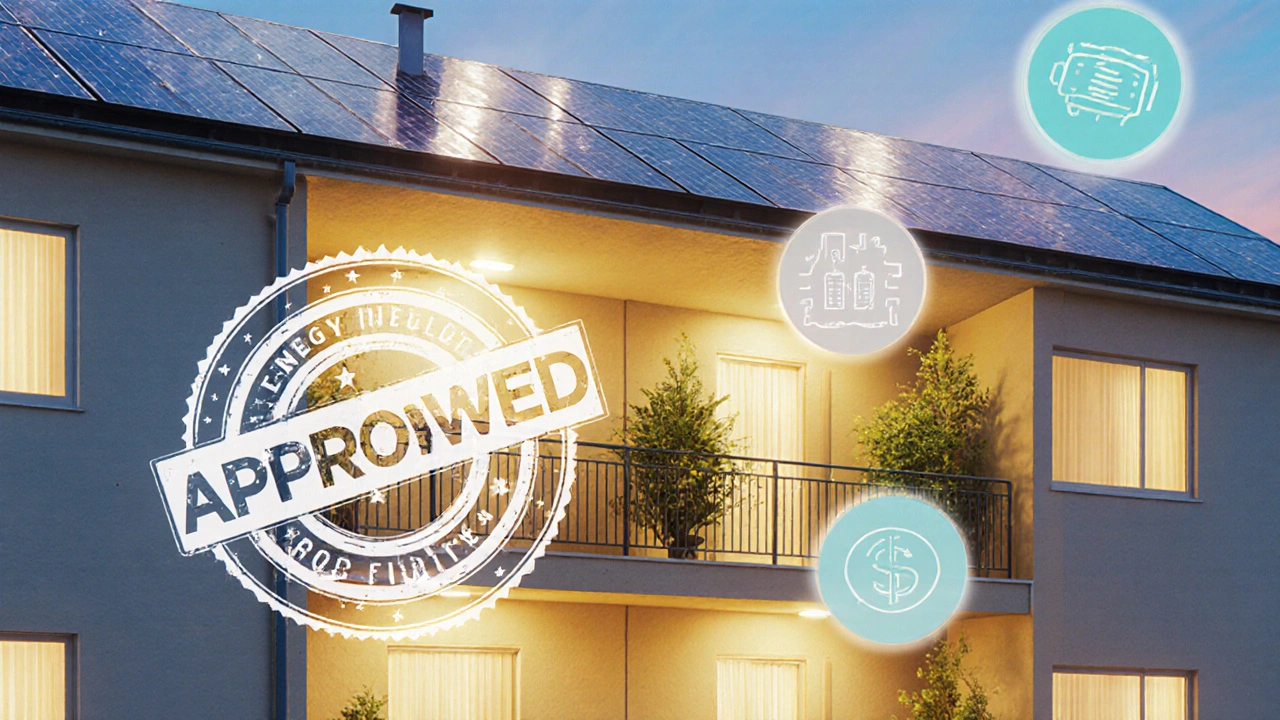 Komplett renovierte Wohnung, solarbetriebene Dachfläche, grüne Pflanzen und Finanzierungs‑Siegel.