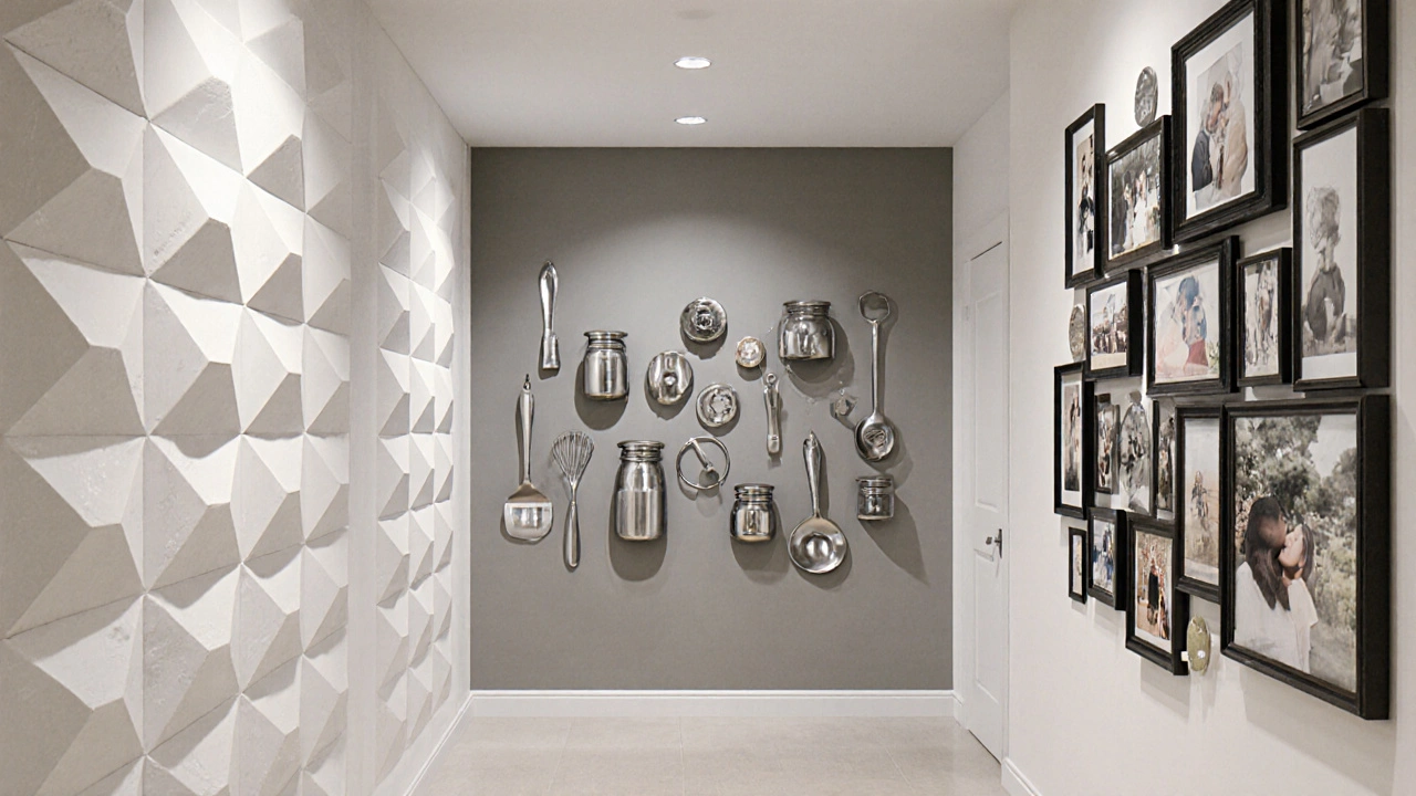 Moderne Flurwand mit 3‑D‑Paneelen, Magnetfarbe, an der Metallgegenstände haften, und Fotowand.