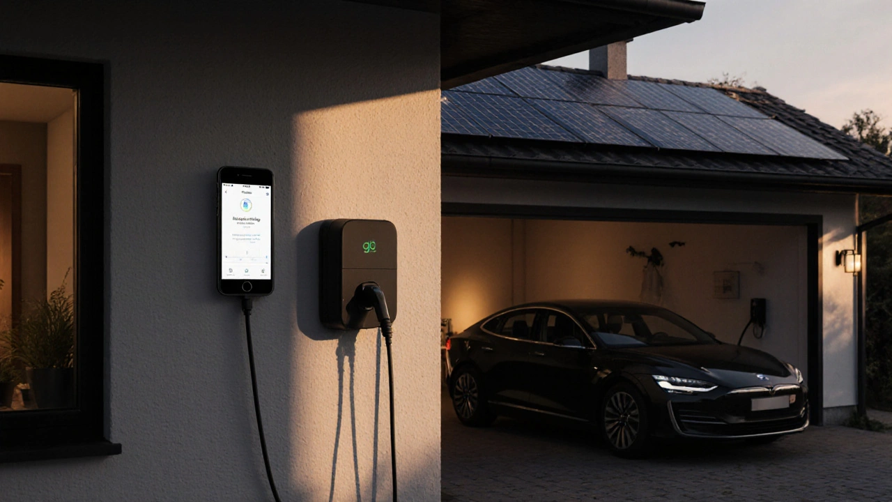 Moderne Wallbox mit Solaranlage und Smartphone-Steuerung über Apple HomeKit in einer deutschen Garage.