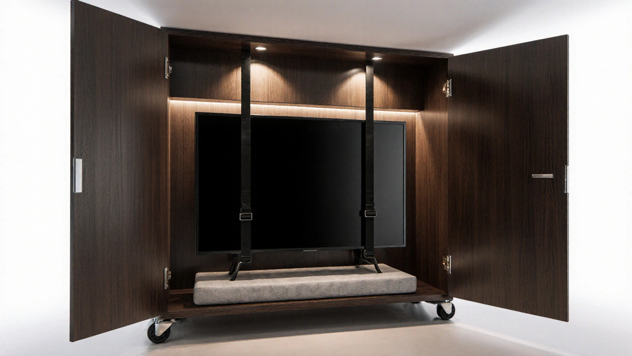 Moderner Fernsehschrank hält den Fernseher sicher während des Umzugs.