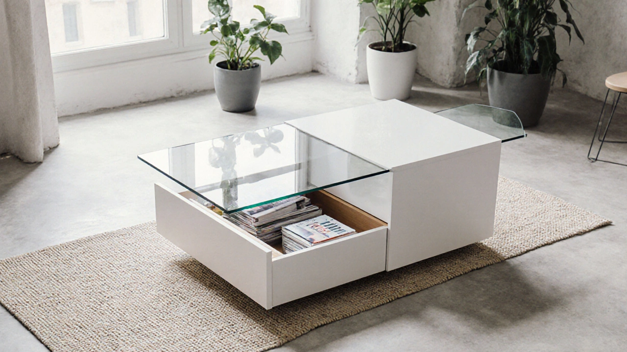 Multifunktionaler Couchtisch aus Glas mit verstecktem Stauraum, umgeben von Pflanzen und neutralem Teppich.