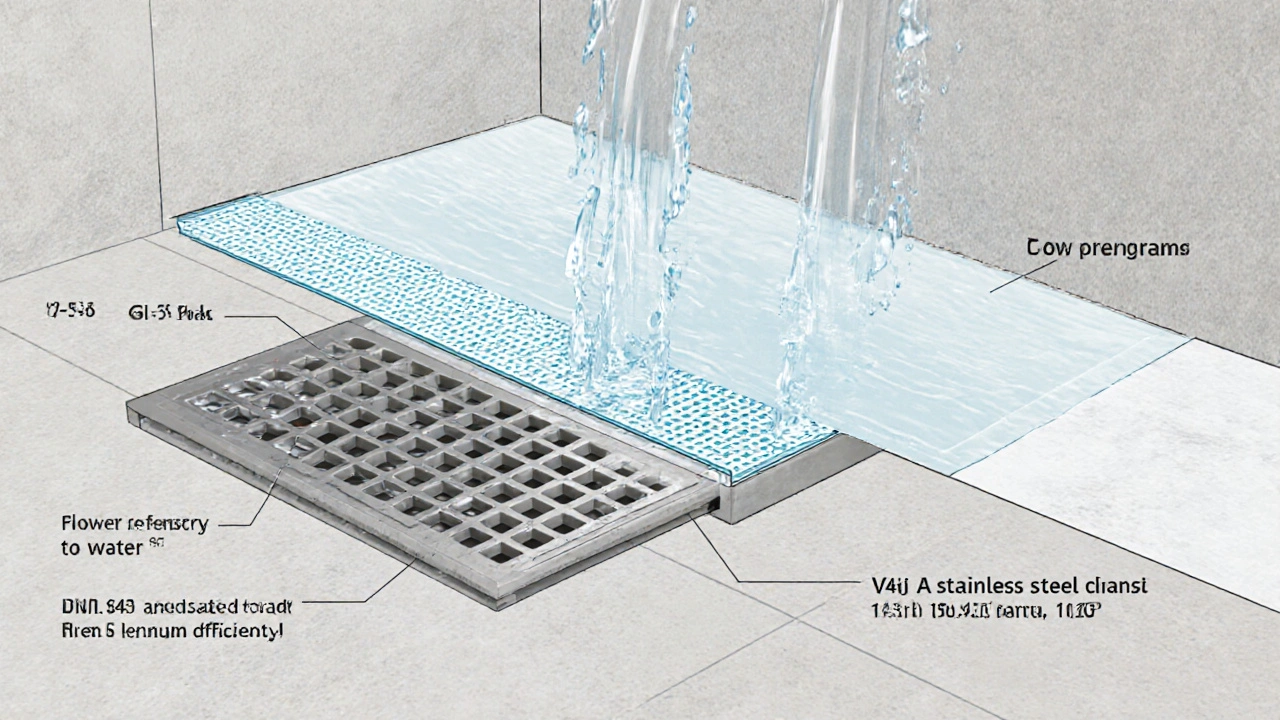 Schnittansicht einer korrekt verlegten Duschrinne mit Gefälle, Abdichtungsschichten und Edelstahlrinne.