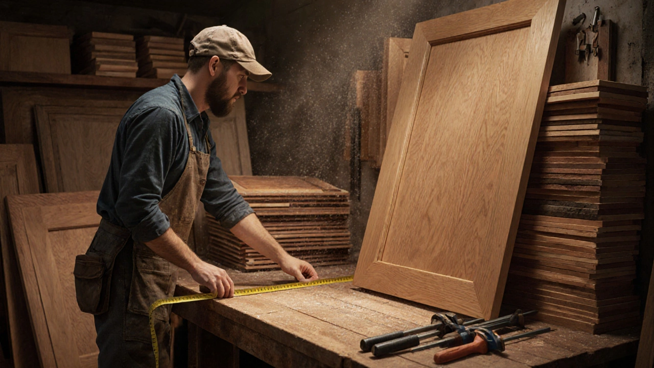 Schreiner misst mit einem Maßband einen Türsturz in einer Werkstatt, umgeben von Holzsorten.