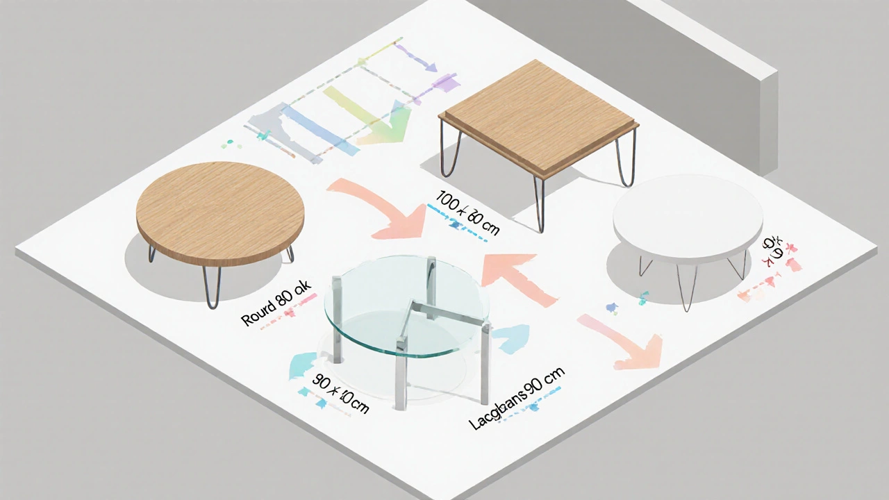 Übersicht verschiedener Couchtischformen – rund, rechteckig, quadratisch, oval und L‑Form – nebeneinander dargestellt.