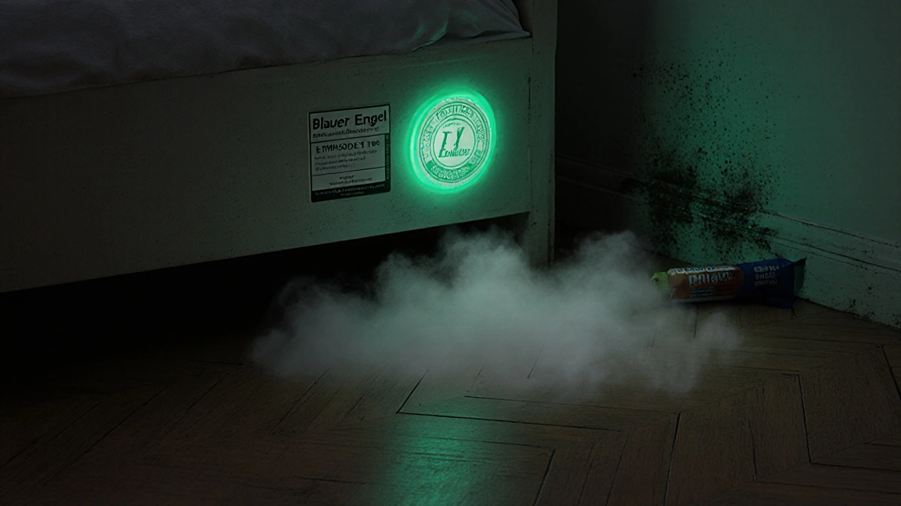 Unsichtbare Schadstoffe steigen aus einem Holzboden auf, während zertifizierte Kleber-Etiketten im Hintergrund leuchten.