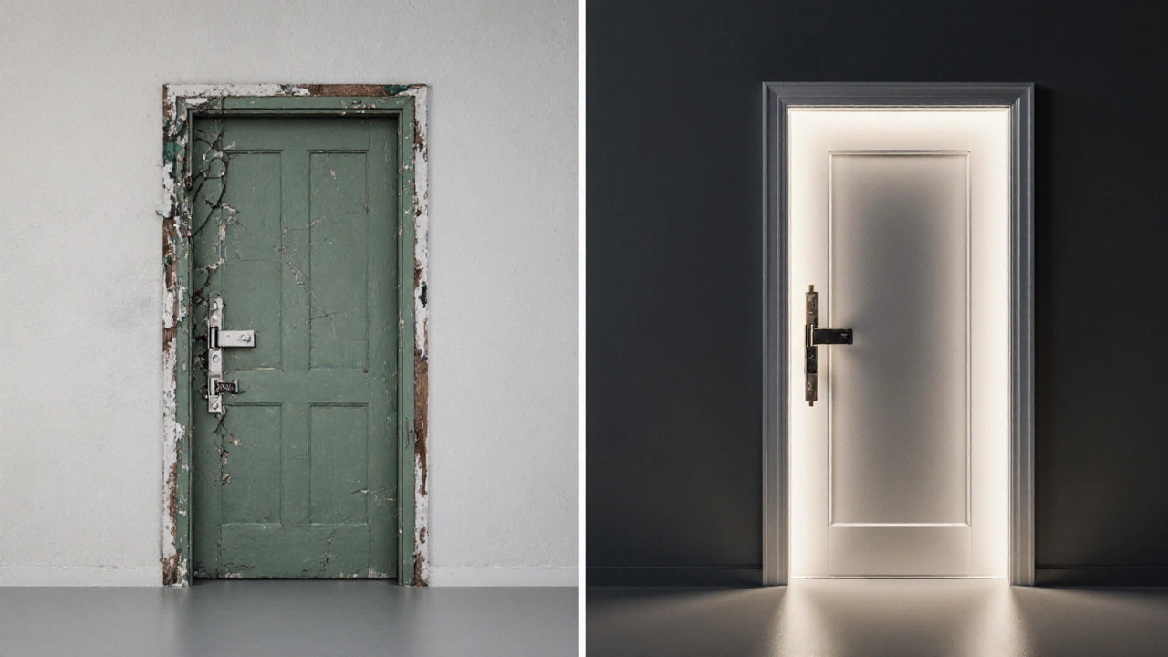 Vergleich: beschädigte Fertigtür links, perfekt eingebaute Schreinertür rechts mit Dichtungen.