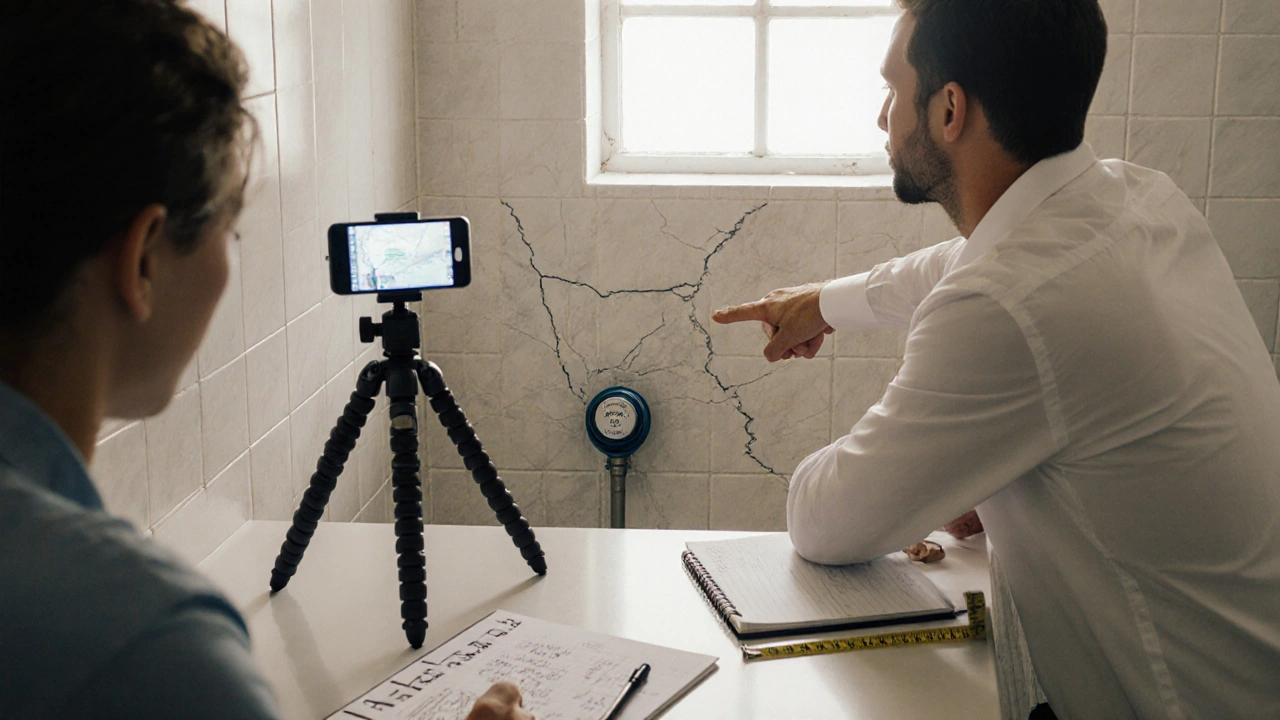 Vermieter und Mieter gemeinsam beim Ablesen des Wasserzählers und Dokumentation von Schäden mit Smartphone.