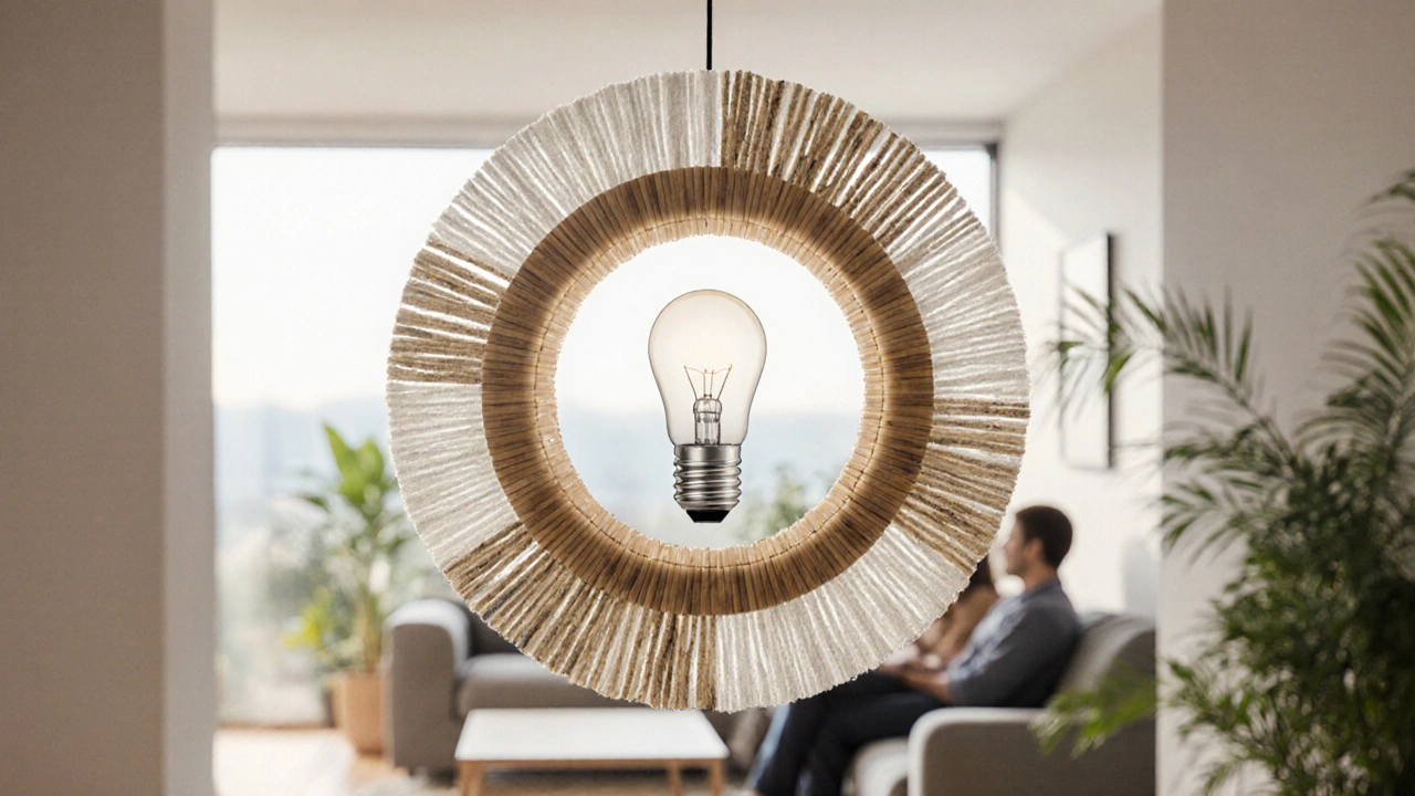 Abstrakte Darstellung nachhaltiger Materialien als Kreis um eine LED-Lampe, umgeben von Natur.