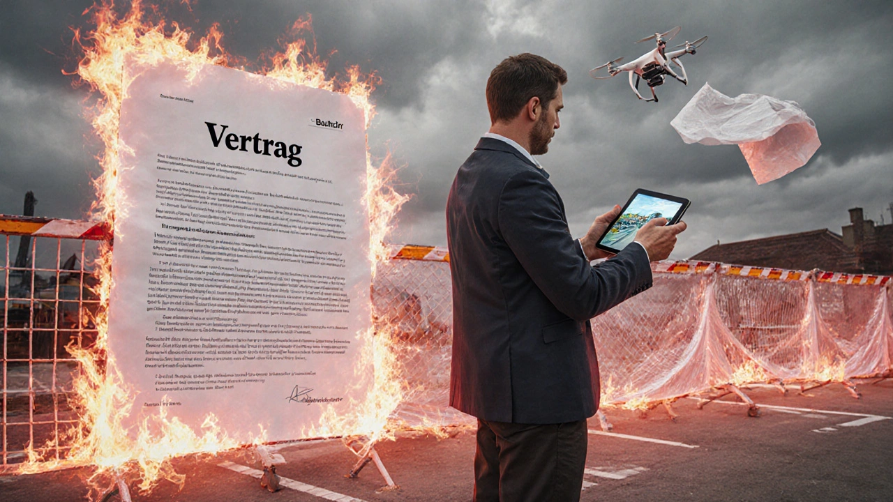 Bauherr prüft Drohnenaufnahme der Baustelle, während eine wackelige Flatterleine im Wind weht und ein Vertrag verbrennt.