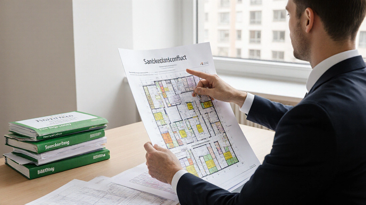 Berater präsentiert Sanierungskonzept mit priorisierten Maßnahmen an einem Gebäudegrundriss.