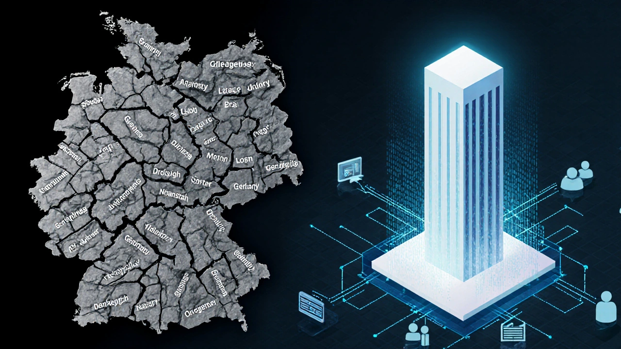 Deutschland als zerbrochene Mosaiktafeln, Lettland als leuchtende digitale Säule mit Datenströmen.
