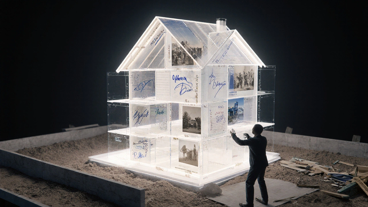 Digitaler Zwilling eines Hauses mit eingebetteten Fotos und Messdaten über dem Baugrundstück.