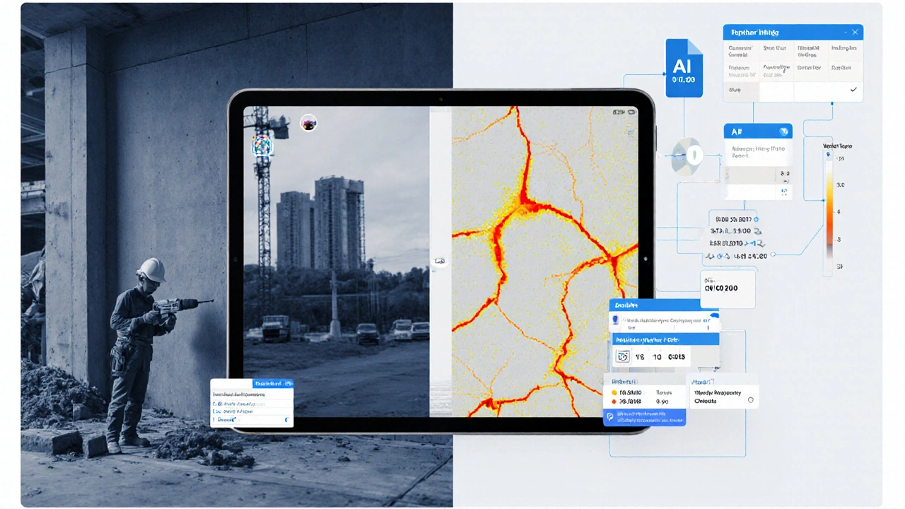 Digitales Tablet zeigt KI-erkannte Schäden und Metadaten bei Bauarbeiten in Echtzeit.