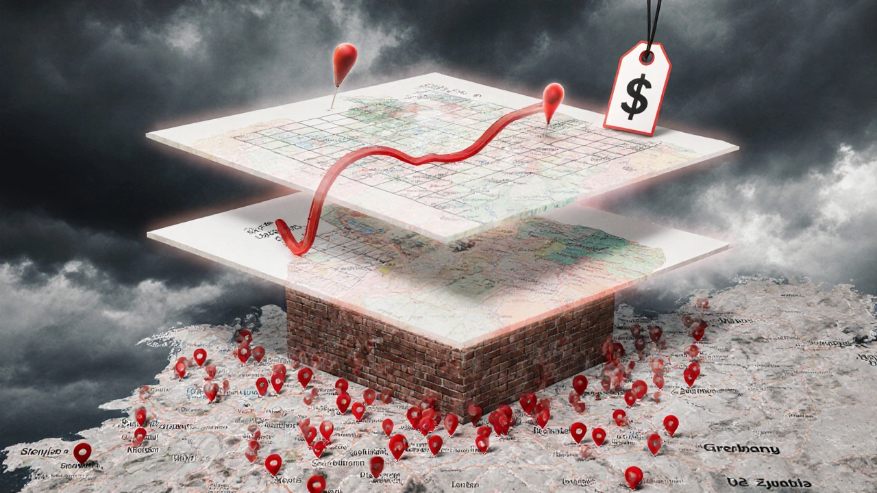 Drei überlappende Methoden der Immobilienbewertung als durchscheinende Schichten über einer deutschen Landkarte.