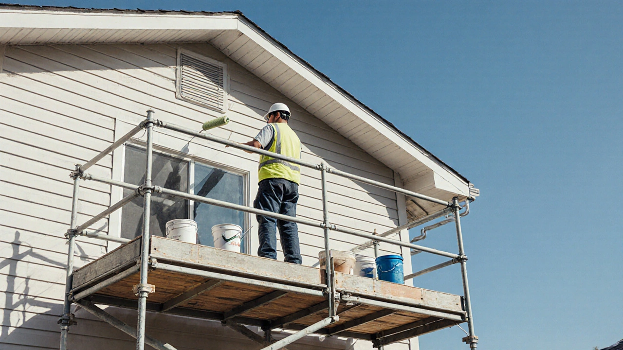 Ein professionelles Gerüst mit Geländer und Werkzeugen auf einer ebenerdigen Plattform am Haus.