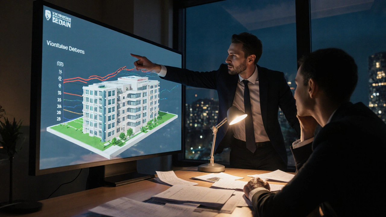 Ein Steuerberater erklärt einem Mandanten die lineare Abschreibung an einem digitalen 3D-Modell eines Gebäudes.