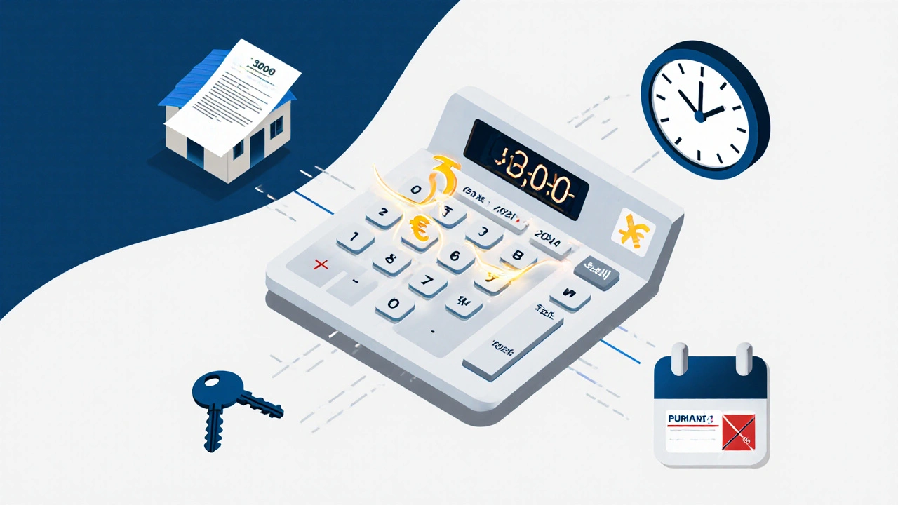 Ein Taschenrechner zeigt 3% Abschreibung auf 320.000 €, umgeben von Symbolen für Kaufkosten und das richtige Startdatum.