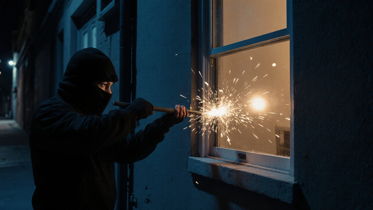 Einbrecher versucht, RC3-Fenster mit Brechstange zu öffnen — erfolglos, Sicherheitslicht leuchtet innen.