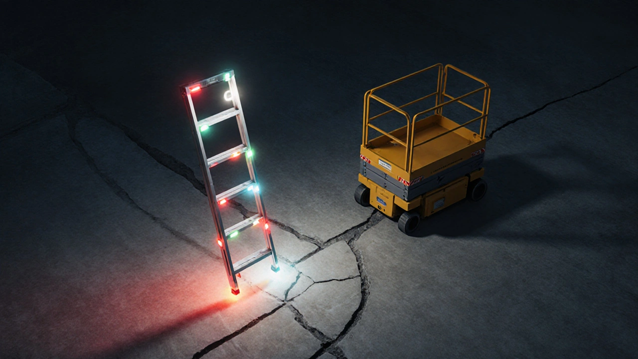 Eine intelligente Leiter mit Warnlichtern neben einer Hubarbeitsbühne, Symbol für sichere Höhenarbeit.
