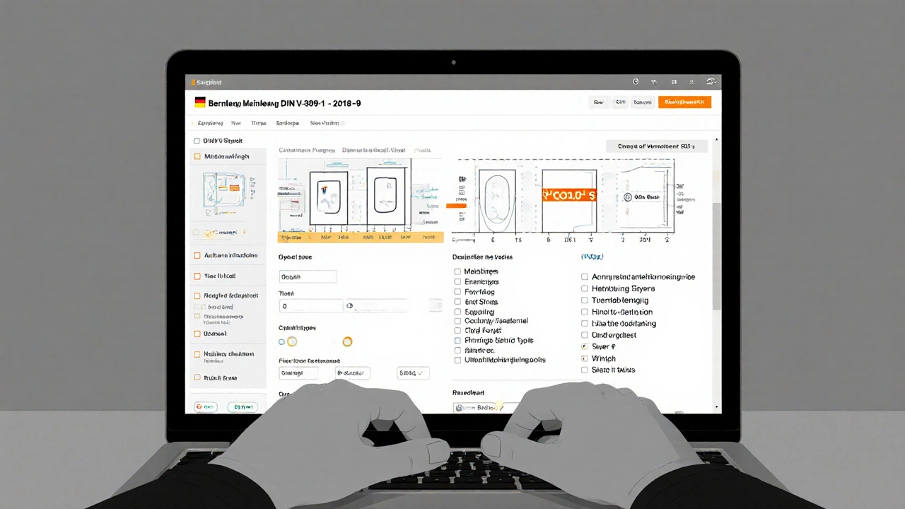 Energieberater berechnet CO₂-Einsparung mit offizieller DIN-Vorlage am Laptop.
