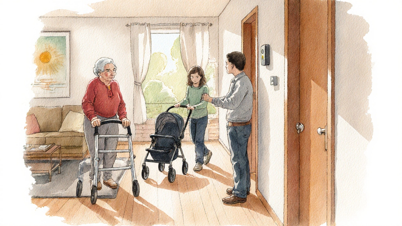 Familie in einem barrierefreien Zuhause: älterer Mensch mit Rollator, Kinderwagen und Lichtsignal an der Tür.