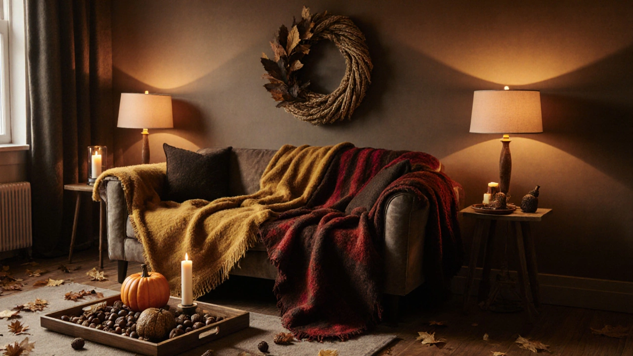 Gemütliches Wohnzimmer im Herbst mit Holzschale, Kastanien, Eicheln und einer duftenden Kerze vor einem Blattkranz.