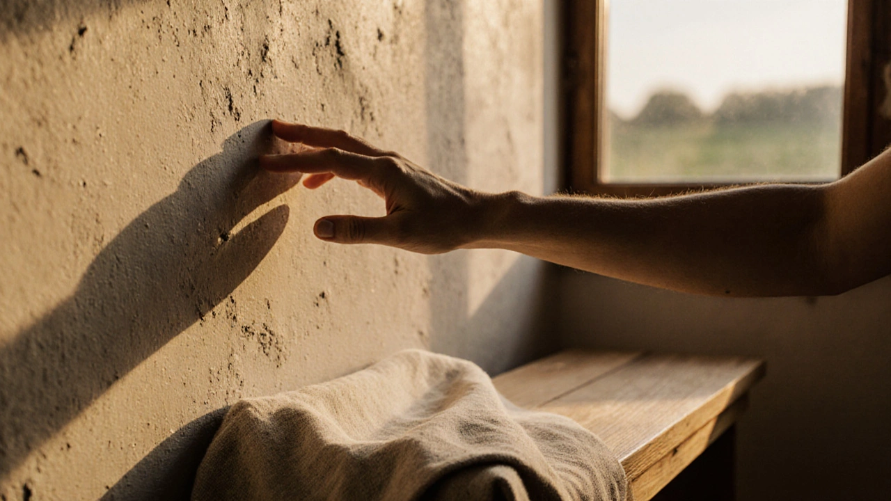 Hand berührt Lehmputzwand neben ungefärbtem Leinenstoff auf Eichenbank.