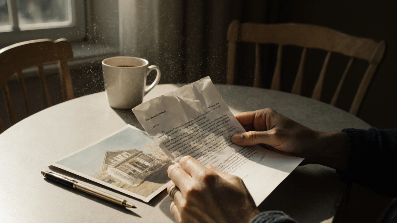 Hand hält Gerichtsbrief mit Foto des Hauses, sanftes Licht, verlorene Sicherheit.