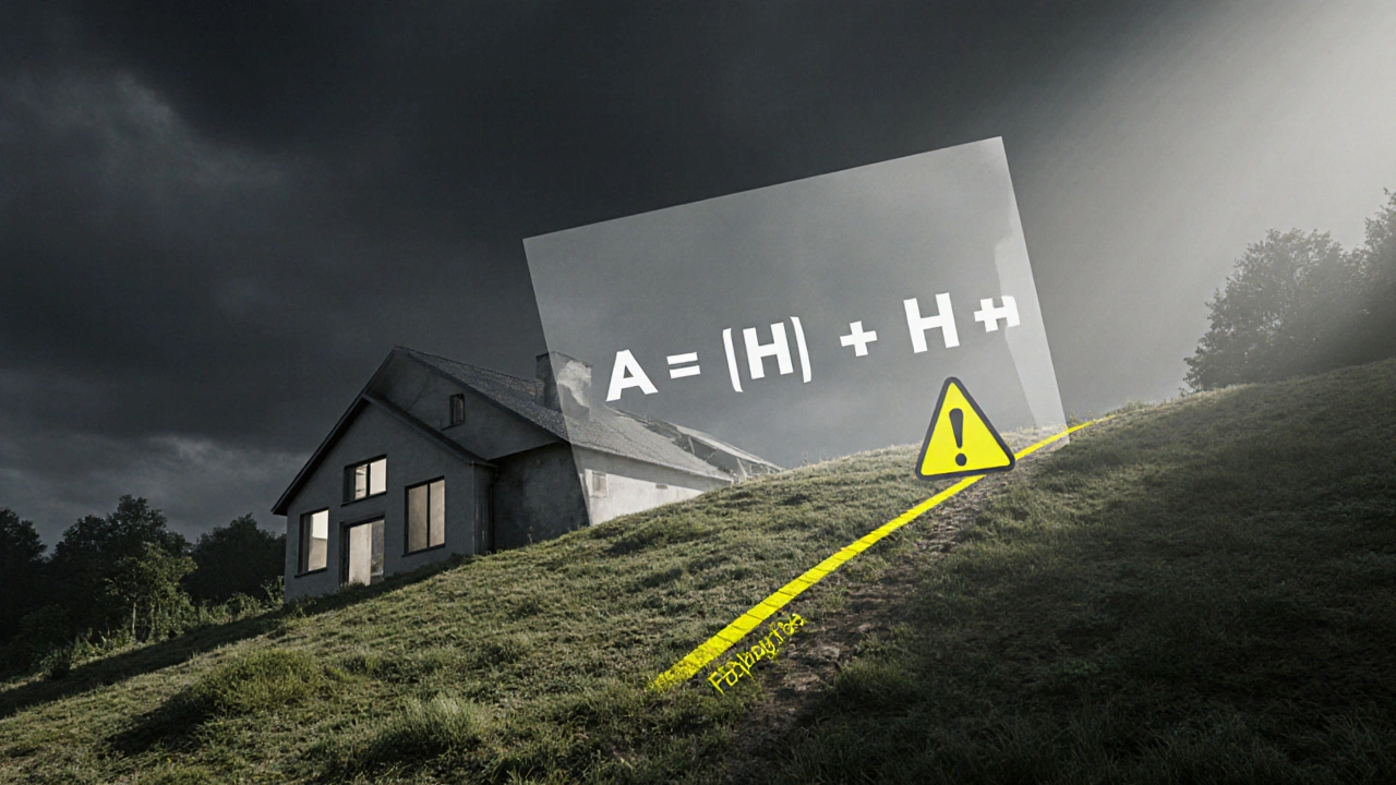 Haus auf Hanglage mit abgestufter Abstandsfläche entlang des Geländes, Formel-Overlay.