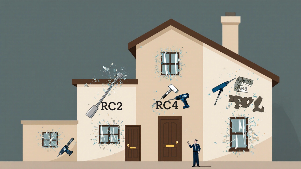 Haus mit verschiedenen RC-Klassen, Werkzeuge scheitern an RC2 und RC3, RC4 als höchste Stufe.