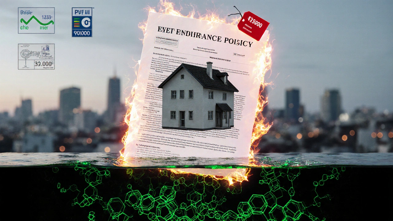 Haus über schadstoffbelastetem Grundwasser, Versicherungspapier brennt, Preisschild fällt.